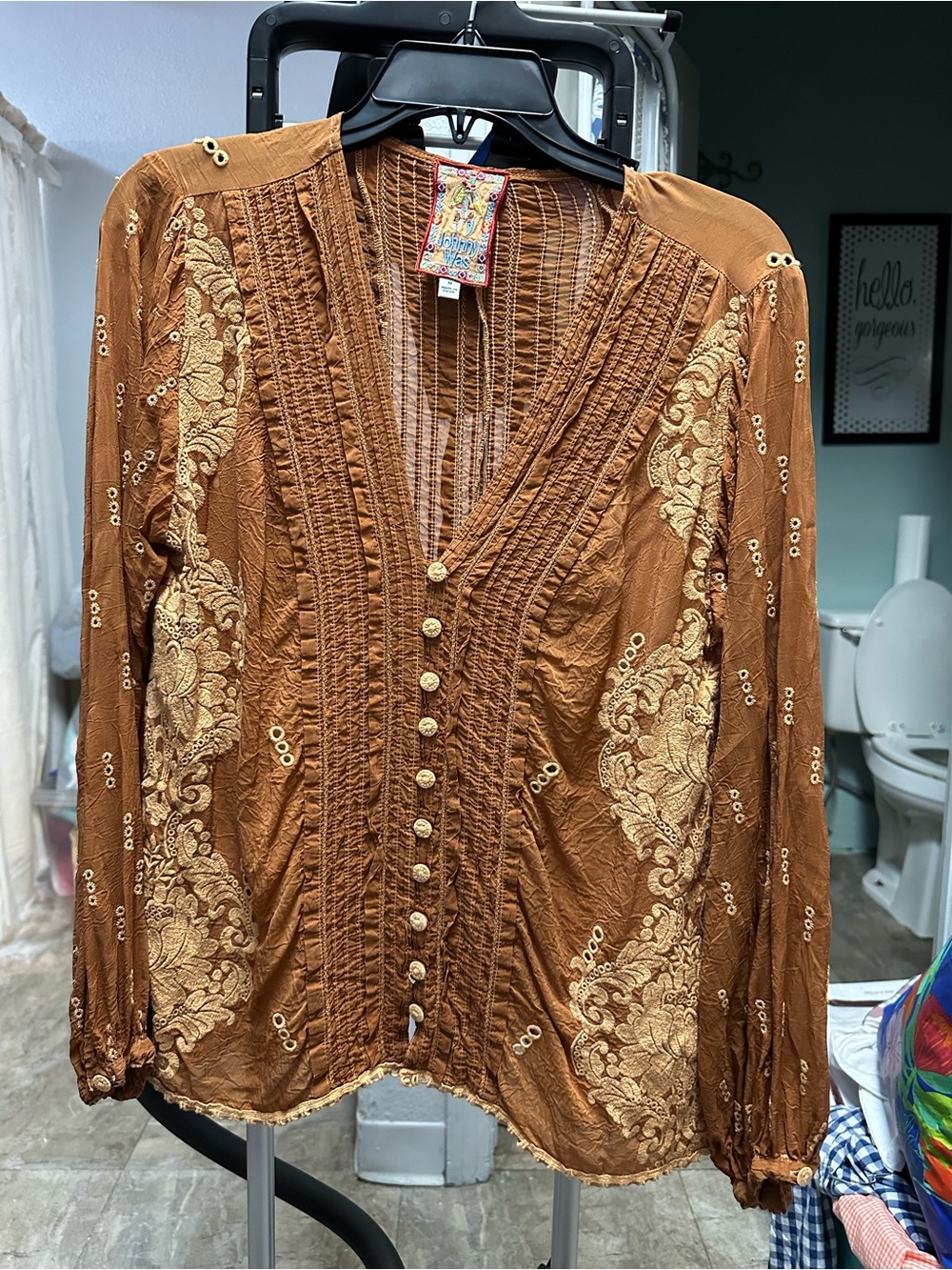 Johnny Was Rust Brown Embroidered Button-Down Top